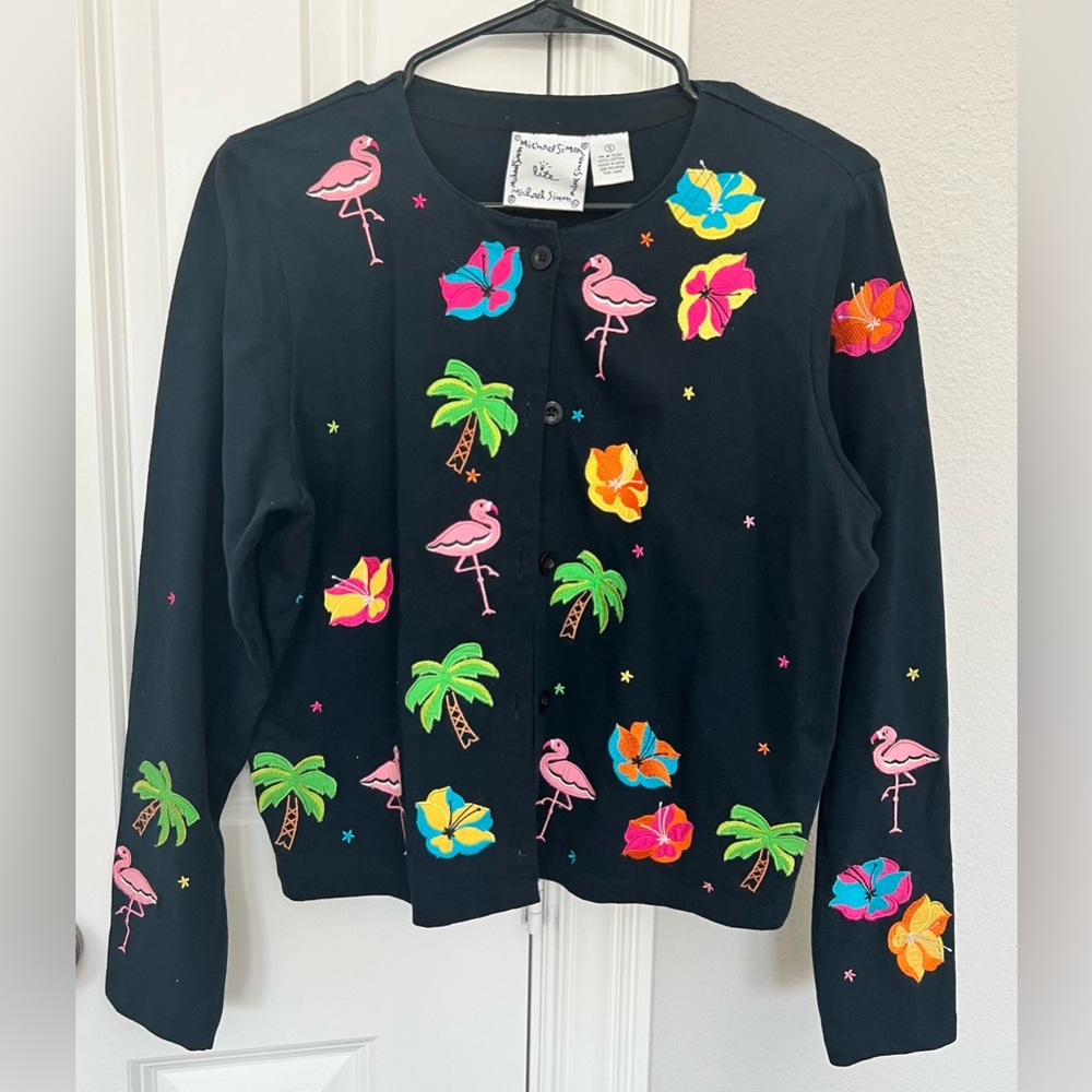 Michael Simon Lite sz S Embroidered Black Cotton Cardigan Palm Flamingo Hibiscus